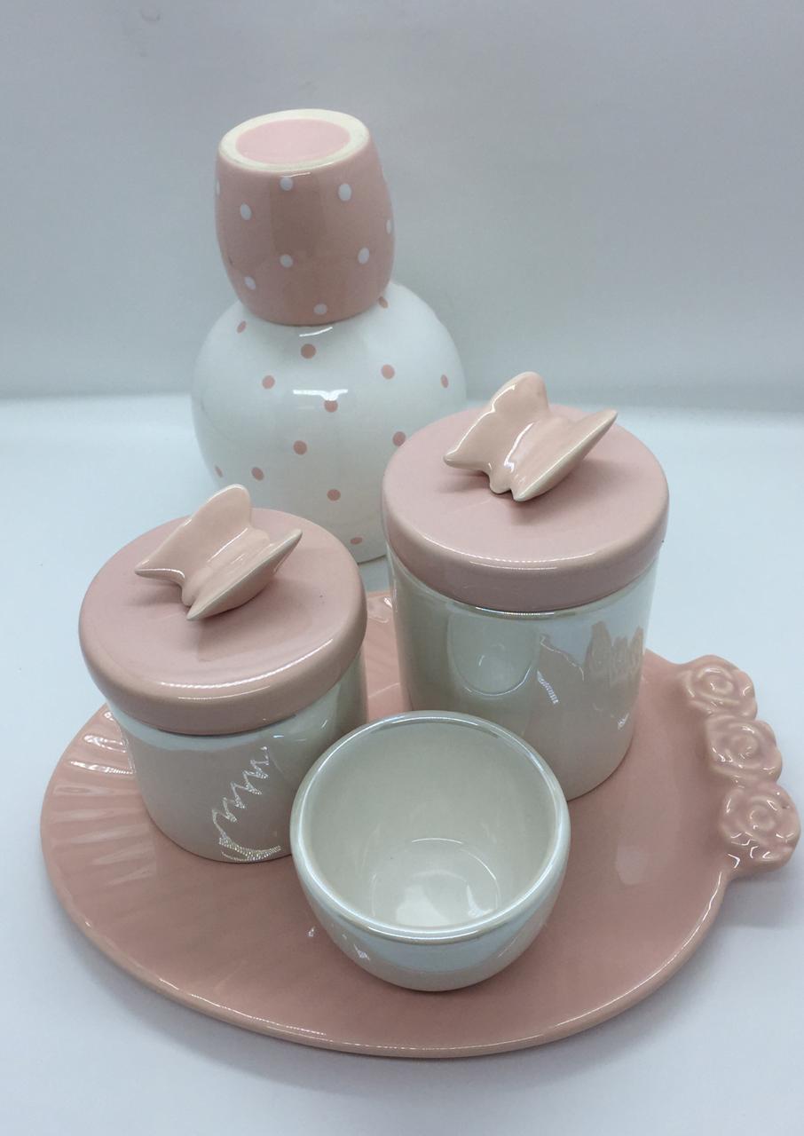 kit higiene perolado branco com tampa rosa