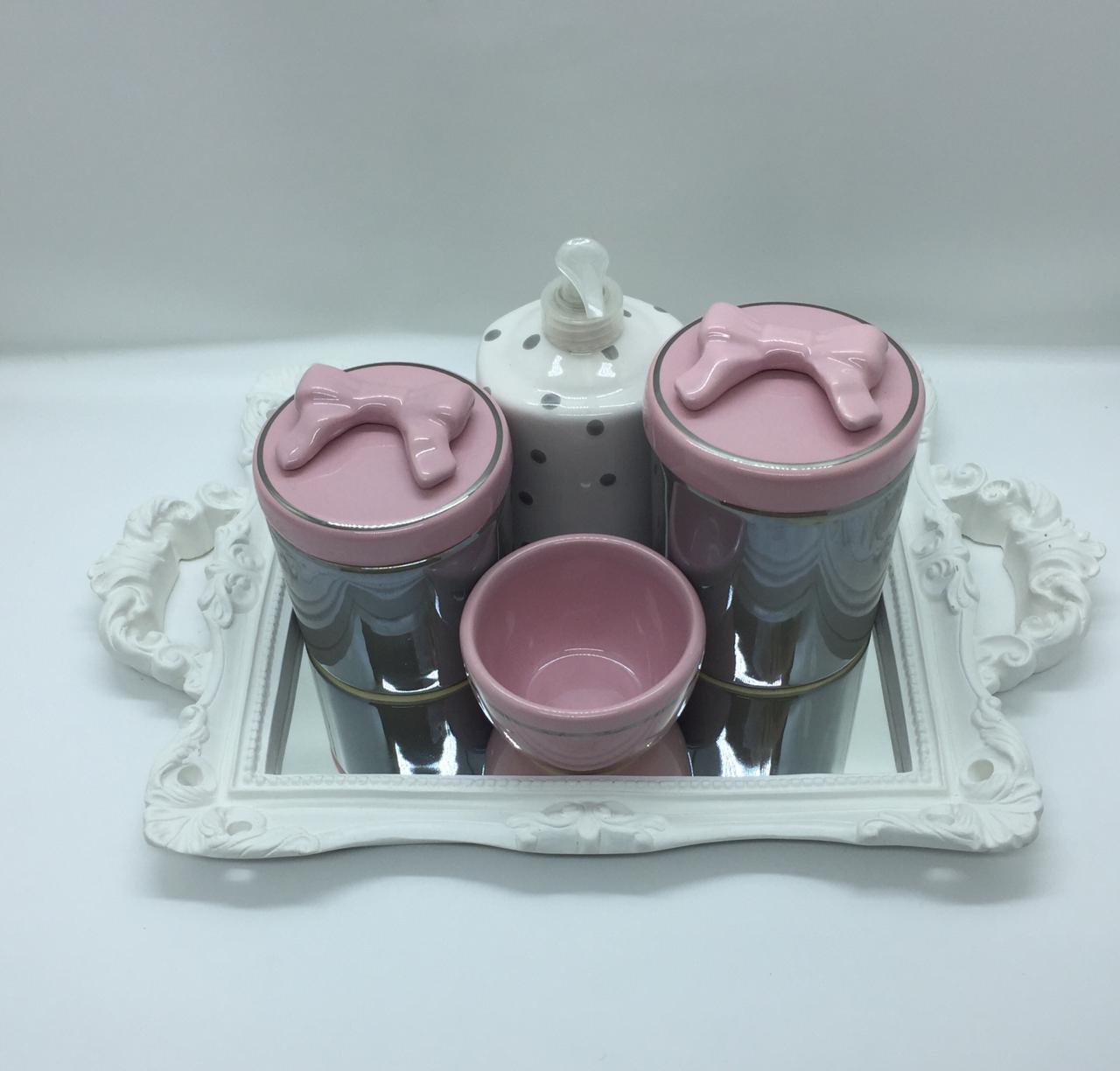 Kit higiene cerâmica com 03 peças cinza com rosa bebê