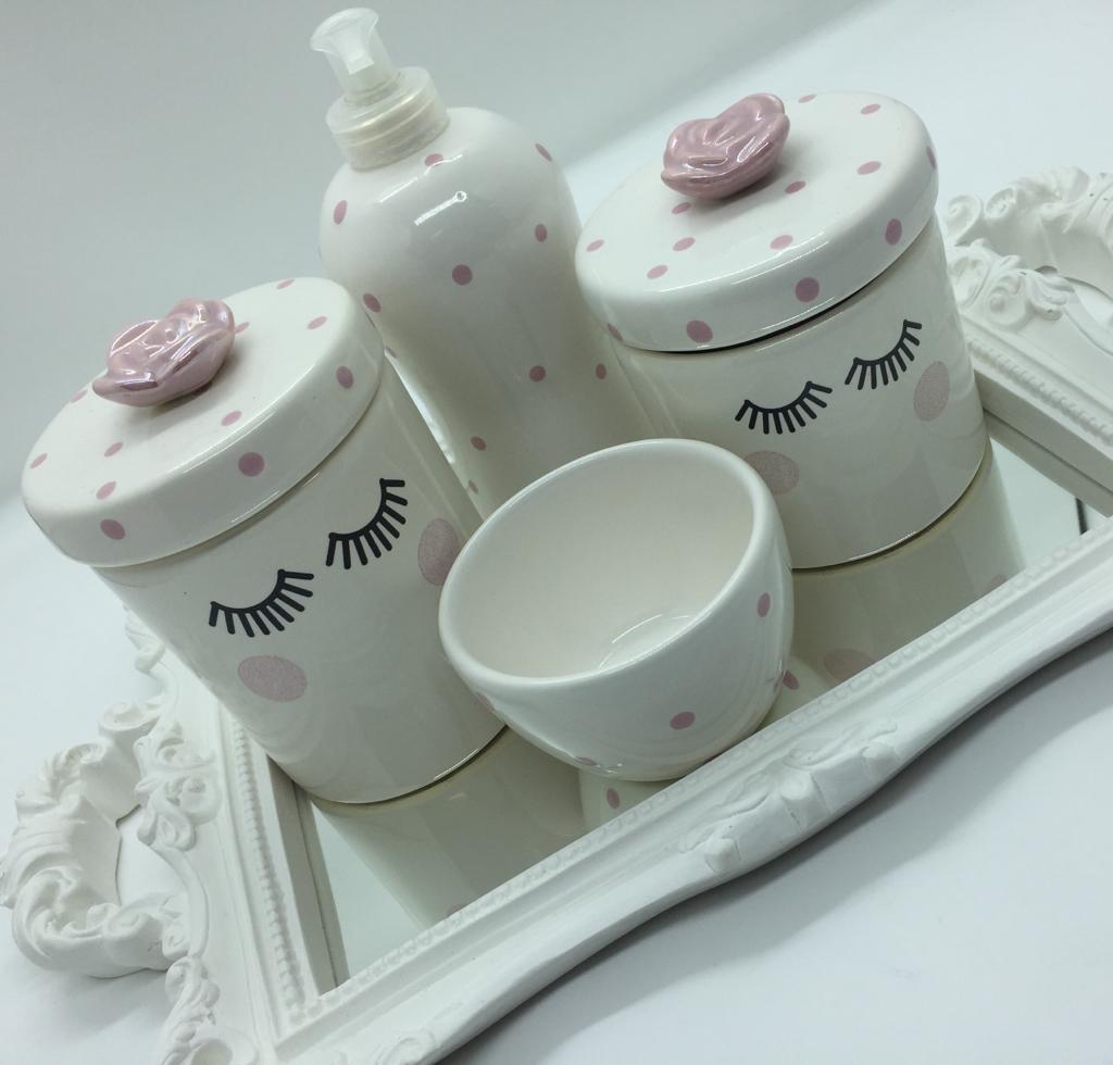 Kit higiene cerâmica com 03 peças branco com rosa bebê