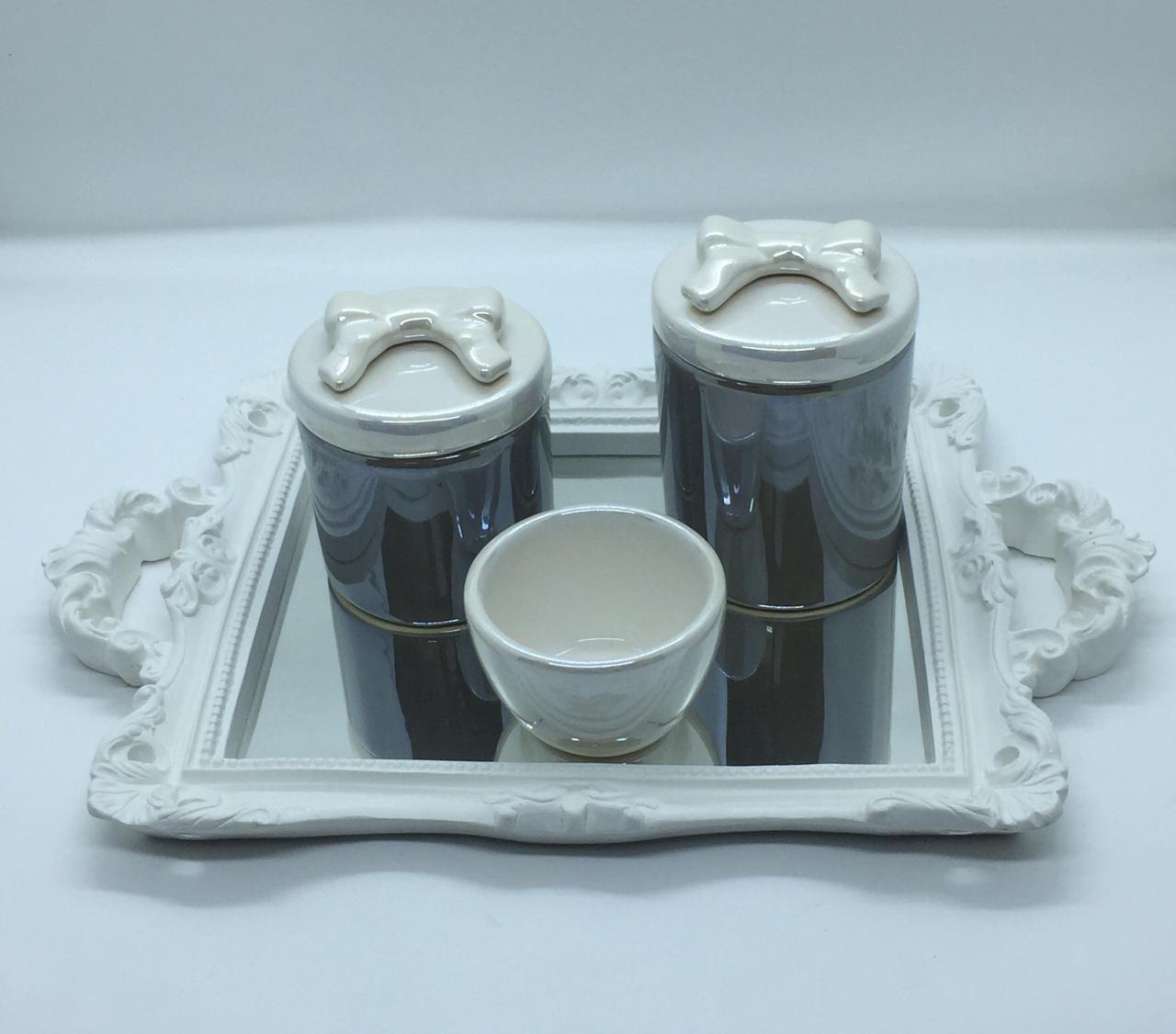 Kit higiene cerâmica com 03 peças branco com cinza