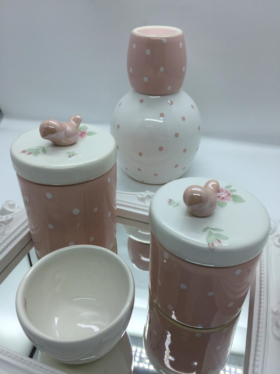 Kit higiene cerâmica com 03 peças rosa com branco